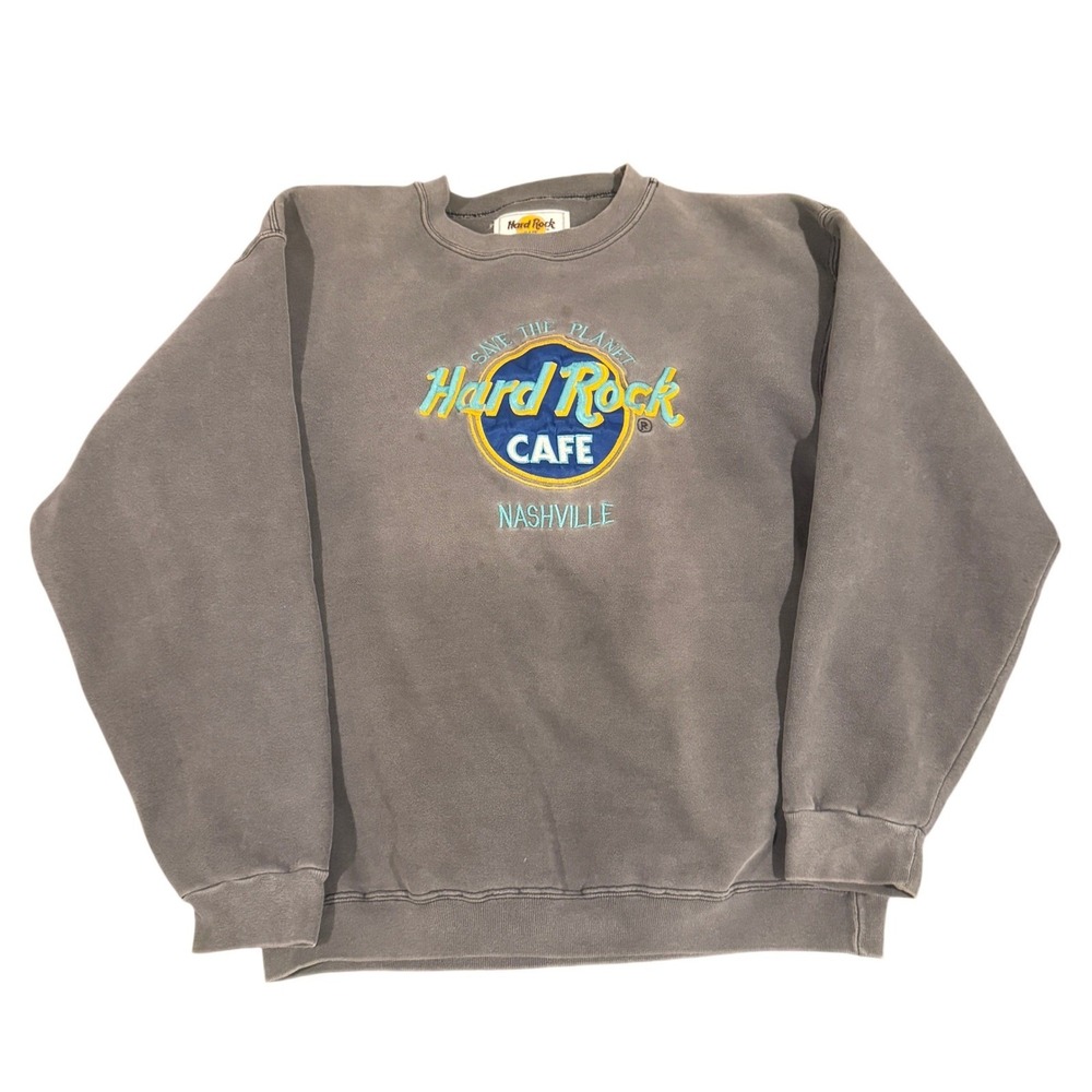 VTG 90s Hard Rock Cafe Nashville Crewneck Sweatshirt Save the Planet Black Faded